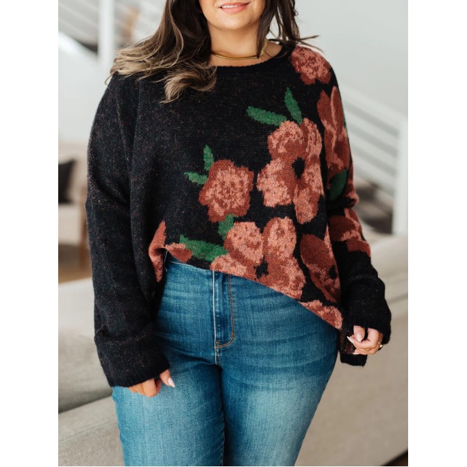 Casual contrasting floral pattern solid color sweater