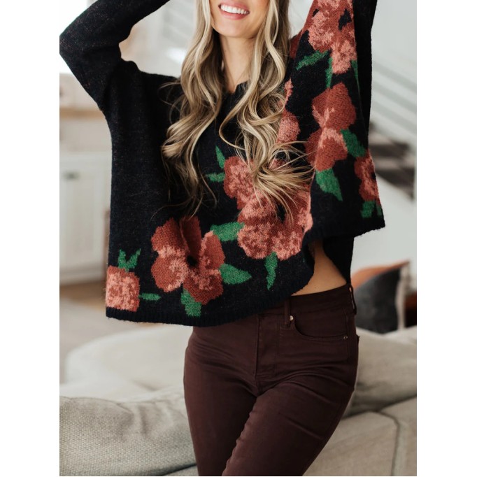 Casual contrasting floral pattern solid color sweater