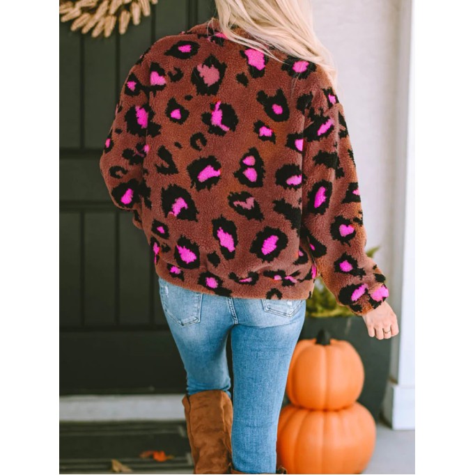 Casual contrasting leopard print sherpa jacket